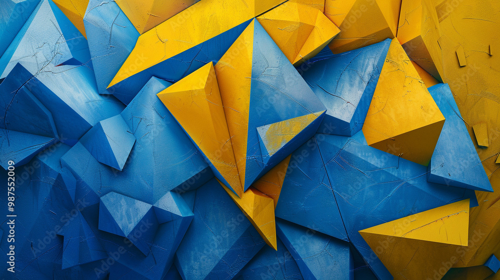 Poster colorful polygonal shapes in blue and yellow – sharp, angular shapes layered in a playful yet profes