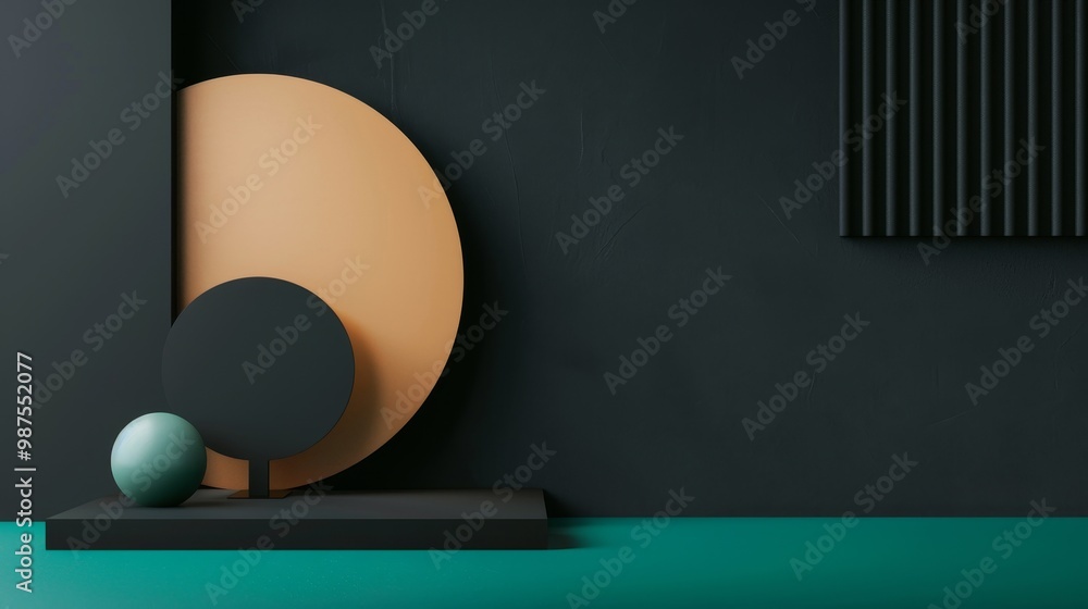 Poster abstract geometric shapes on a black wall with teal floor and platform. minimalist design with geome