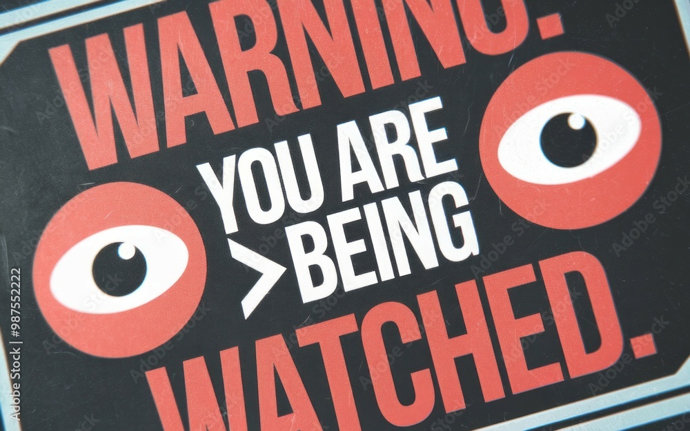 Poster watched warning sign. red warning sign with an eye, depicting a message of observation and being mon