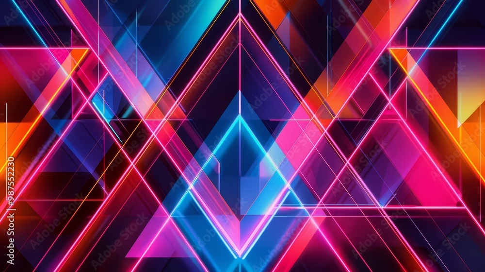 Poster abstract geometric background with vibrant neon colors and overlapping triangles.