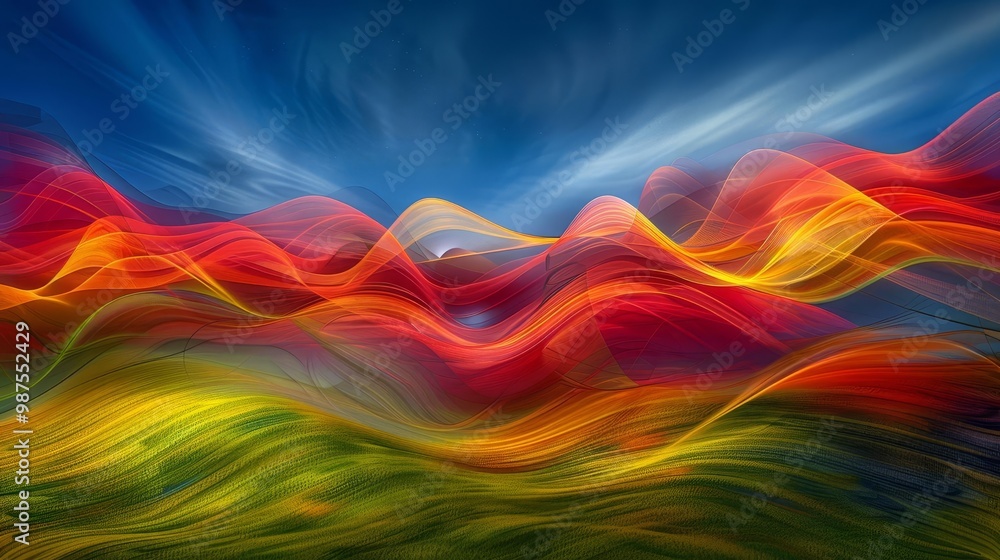 Poster abstract landscape with colorful swirling lines, creating a vibrant and dynamic scene.