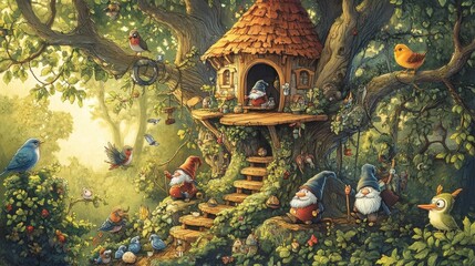 Fototapeta premium Whimsical forest scene with gnomes and a treehouse surrounded by woodland creatures