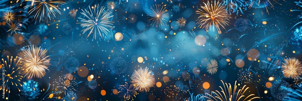 Poster abstract blue background with blurred fireworks and bokeh lights.