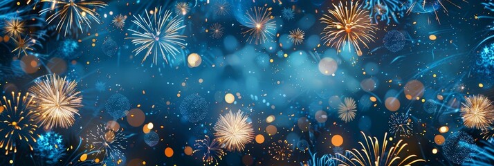 Fototapeta premium Abstract blue background with blurred fireworks and bokeh lights.