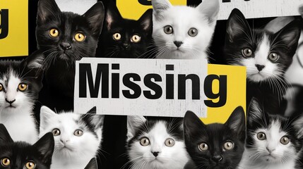 A cat is missing message on a black and white grainy grungy collage with different cats. Lost pets problem.