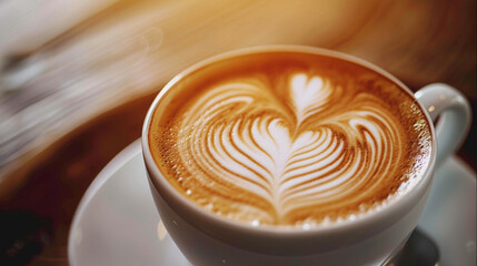 Cup of coffee with latte art – close-up of a beautifully crafted latte, foam in the shape of a heart, warm and inviting café atmosphere.