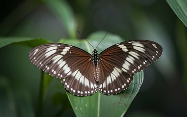 Butterfly leaf. Black and white butterfly with white markings on brown wings, perched on a green leaf.