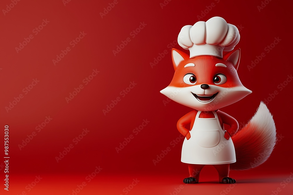 Poster Sly Chef Fox: Playful Cartoon Character in Sleek Design on Red Background - 3D Rendering
