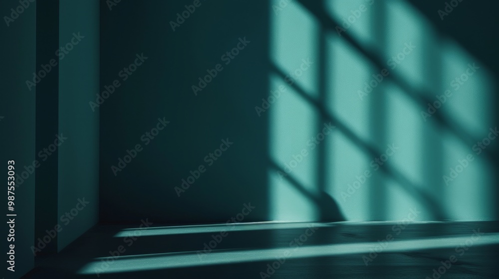 Poster abstract shadow pattern of a window on a teal wall and floor. minimalist interior design concept. pe