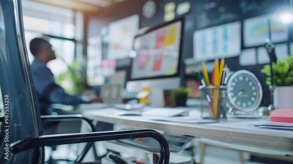 Poster close-up of a desk in a modern office with a man working in the background.