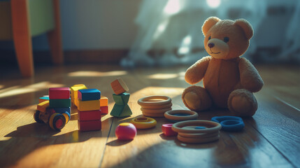 A close-up view of colorful, vintage wooden toys scattered across a polished wooden floor. The toys include blocks, a small toy train, stacking rings, and a teddy bear