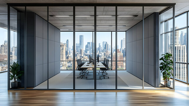 Modern office interior featuring glass walls, a conference table, and a city skyline view. Bright and spacious atmosphere.