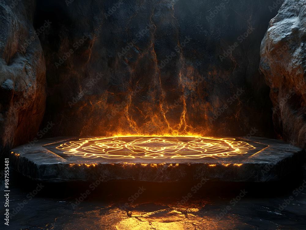 Poster enchanting mystical circle with glowing symbols in a dark cave. the atmosphere is filled with intrig