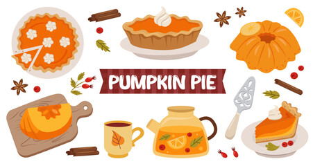 Pumpkin pie set. Pumpkin slice, spices, piece of pie, teapot. Set of bright vector elements for Thanksgiving recipes.