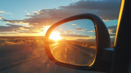 The setting sun is reflected in a side view mirror of a car.