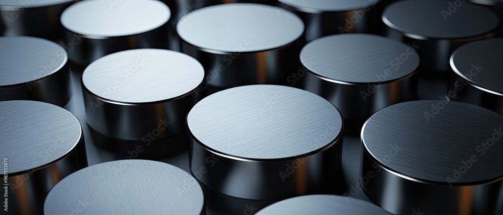 Poster a collection of metallic cylindrical objects with smooth surfaces arranged closely together.