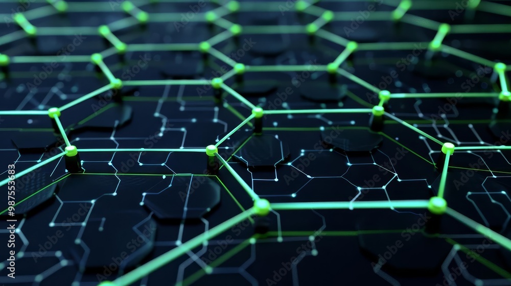 Aufkleber abstract digital network with green glowing lines and nodes on black background