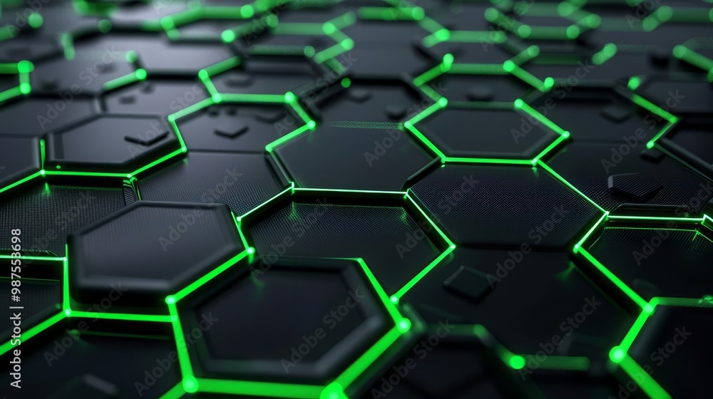 Poster abstract black and green hexagonal pattern background.