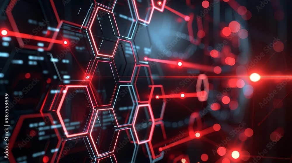 Poster abstract futuristic digital network background with glowing red and blue lines and hexagons.