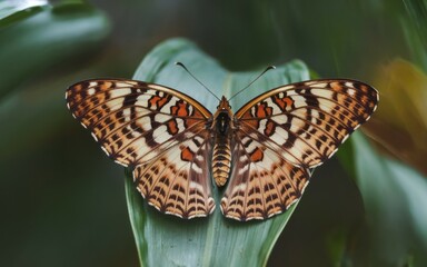 Obraz premium Butterfly on leaf. A beautiful butterfly with intricate patterns on its wings rests on a green leaf. The image symbolizes peace and tranquility.