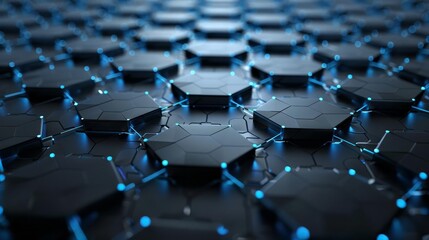 Obraz premium Advanced hexagonal network with luminous blue elements on dark gray background with copy space