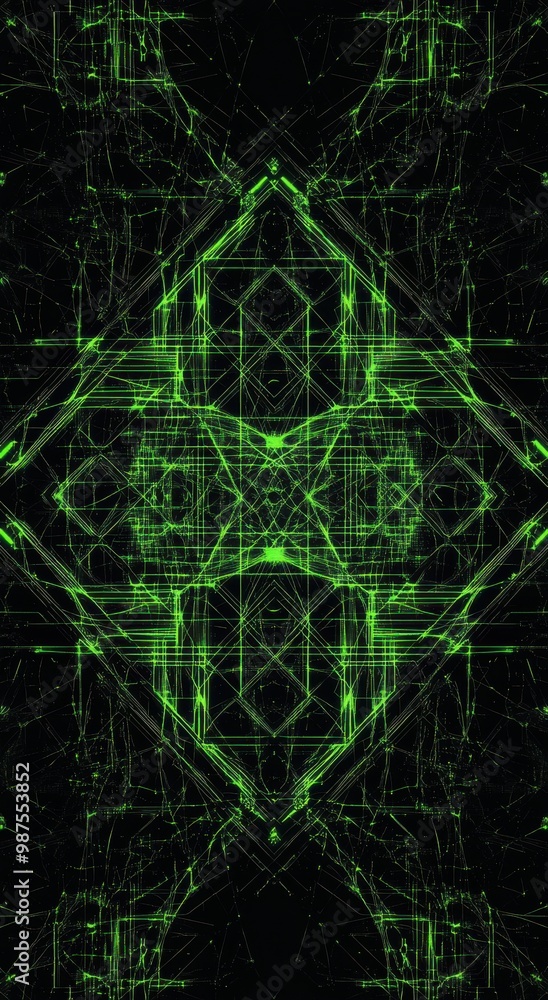 Poster Futuristic digital pattern with neon green lines on a black background creating a symmetrical and high-tech design