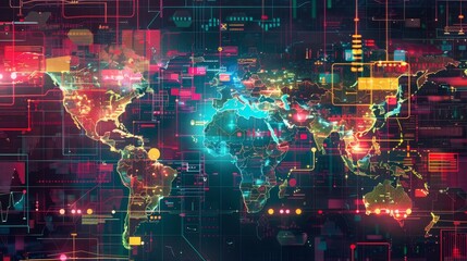 Imaginative illustration of a computer interface overlaying a colorful world map as a digital lens