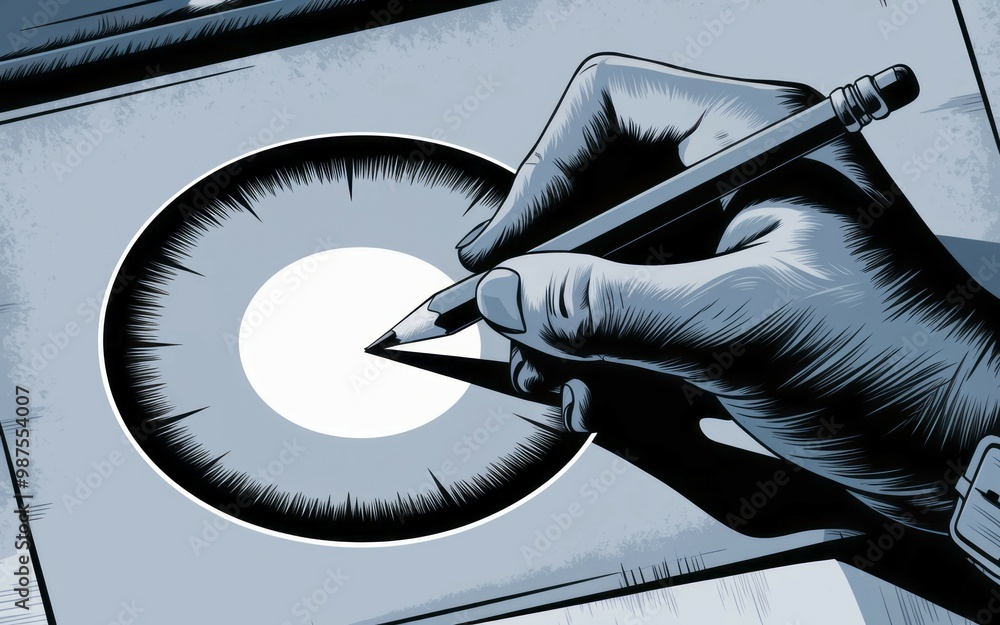 Poster hand drawing circle. hand sketching a circle on paper with pencil, representing precision, focus, an