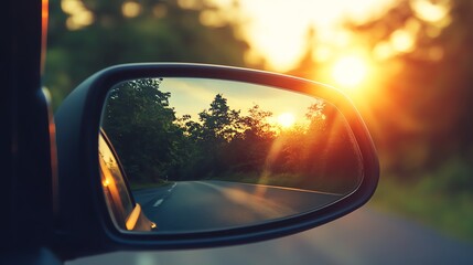 The setting sun is reflected in a car's rearview mirror.