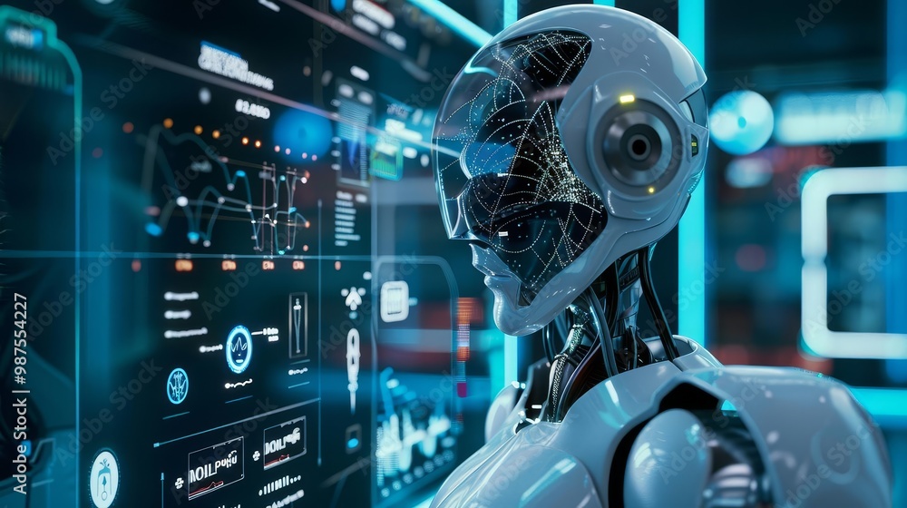 Poster futuristic robot with glowing blue eyes analyzes data on a screen.