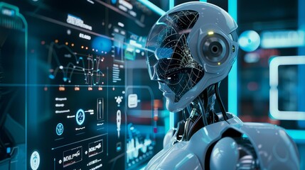 Obraz premium Futuristic robot with glowing blue eyes analyzes data on a screen.