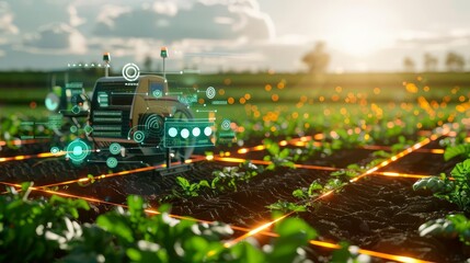 Smart farming concept with tractor and digital interface in field.