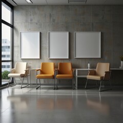 Mockup of an empty white poster on a wall in a modern hospital waiting room, featuring comfortable chairs and medical equipment