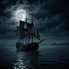 Fototapeta premium Moonlit fog surrounds a medieval sailboat sailing the dark sea, creating a haunting atmosphere