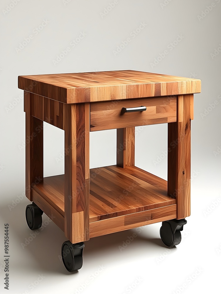Poster compact wooden kitchen island with a modern butcher block countertop isolated on a clean white backg