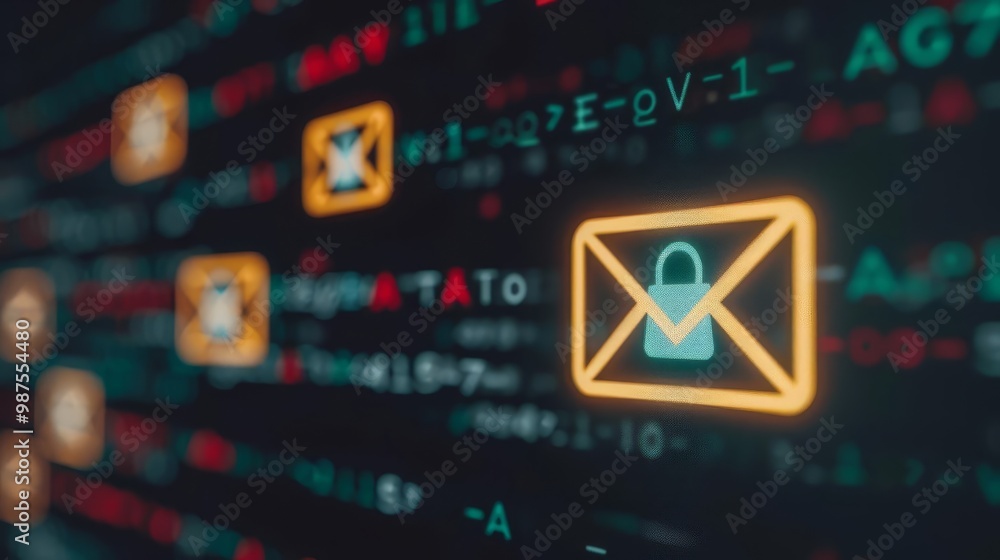 Poster close-up of a glowing email icon on a laptop screen with code in the background.