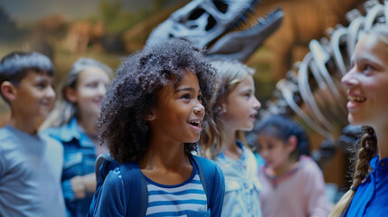 Field trip at a museum – students with a teacher walking through a museum exhibit, curious faces and excitement.