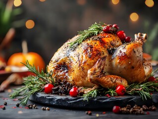Roasted turkey close-up with garnishes and fall-themed background