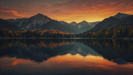 Fototapeta premium Mountain sunset reflecting perfectly on a calm lake