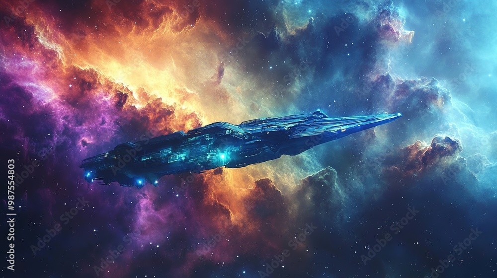 Poster a futuristic spacecraft glides through a vibrant cosmic nebula with stars shining in the background 