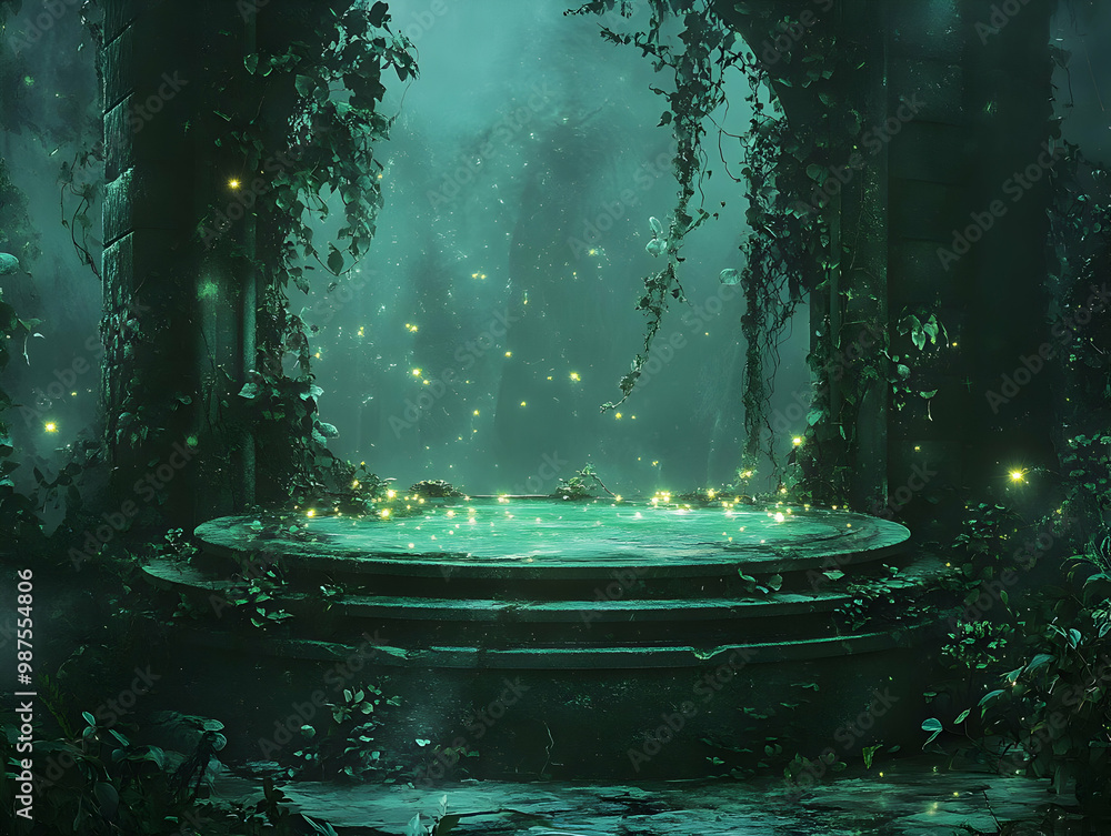 Poster mystical forest scene with glowing lights, surrounded by lush greenery and ancient stone structures.