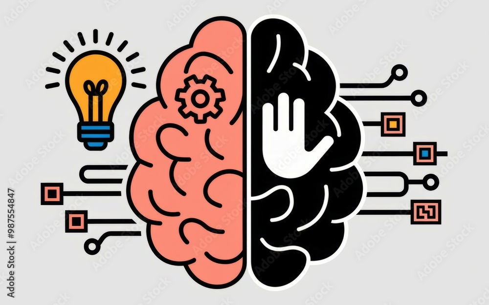 Aufkleber brain idea concept. human brain with an idea light bulb and cogwheel, symbolizes creative thinking a