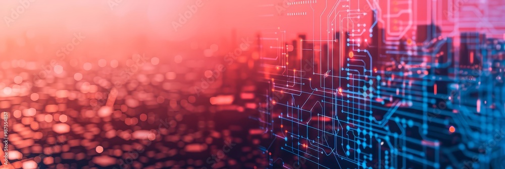Aufkleber abstract digital city skyline with glowing lights and data streams.