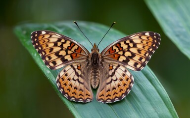Fototapeta premium Butterfly on leaf. Beautiful butterfly perched on a green leaf, showcasing its vibrant colors and intricate wing patterns. A symbol of transformation and beauty.