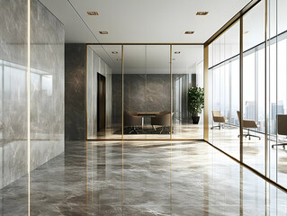 Modern office interior with glass walls, marble floor, minimalistic design, and greenery, perfect for contemporary workspaces.