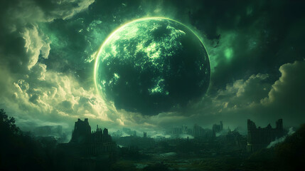 Fototapeta premium A surreal landscape featuring a massive green planet and dramatic clouds, creating a mystical atmosphere.