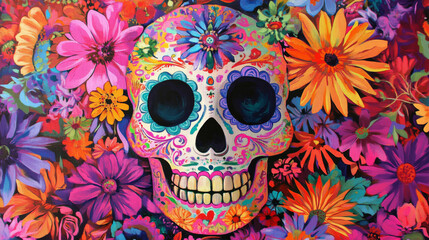 A vibrant and intricately designed sugar skull with floral patterns and colorful decorations, symbolizing Day of the Dead, bright and festive with detailed flowers.