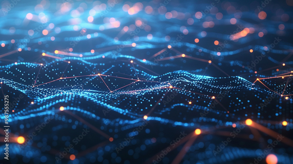 Wall mural futuristic digital network design – interconnected dots and lines forming a network grid, dark blue 