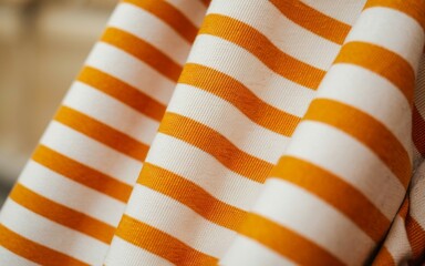 Obraz premium Orange white striped fabric. Closeup image of white and orange striped fabric, perfect for crafting and design projects.