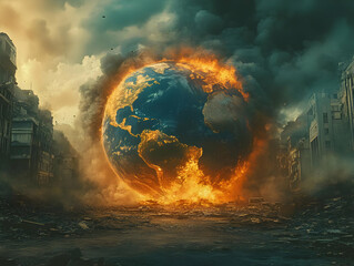 A dramatic scene of a burning planet surrounded by destruction and smoke, symbolizing environmental catastrophe.
